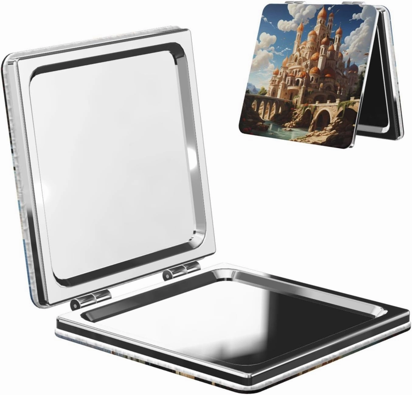 Portable Pocket Makeup Mirror Anime Castle Sky Travel Cosmetic Mirror Square Print Magnifying Compact Mirror for Eyelash
