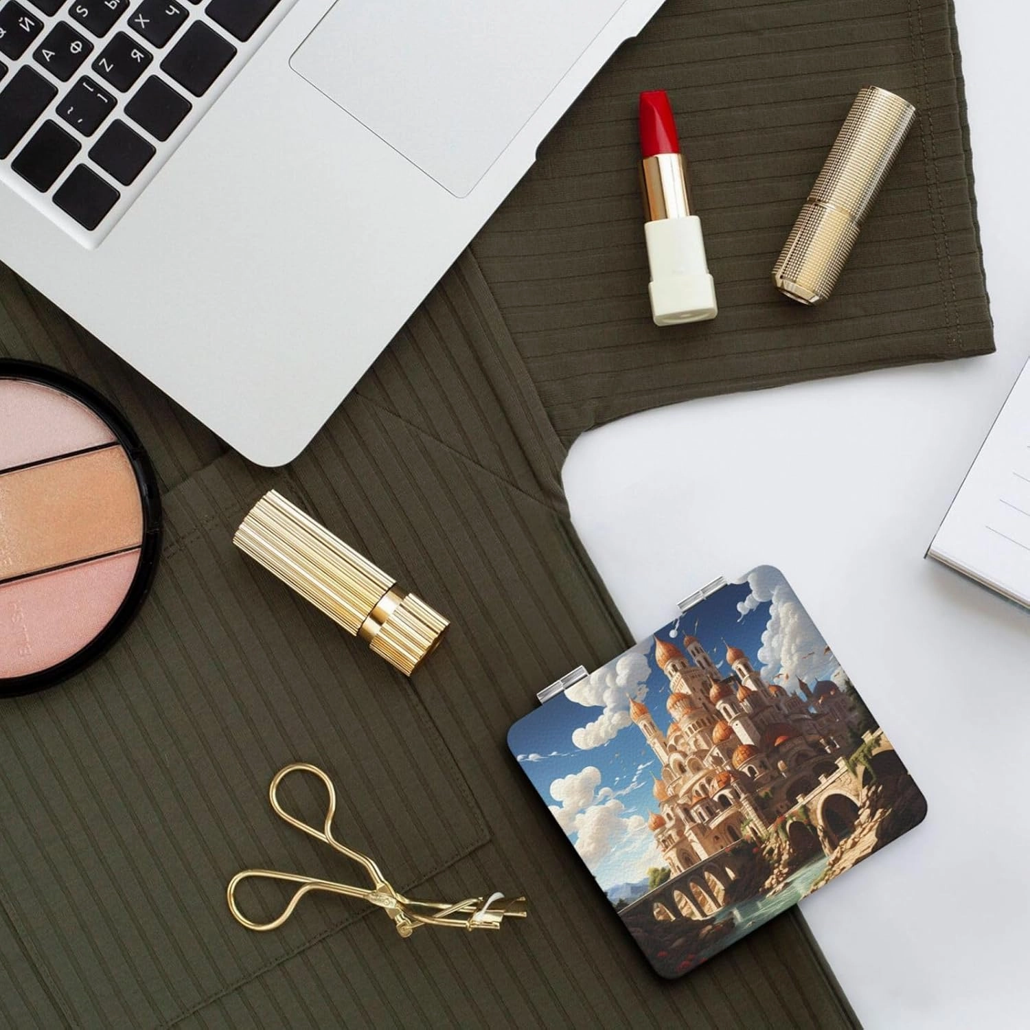 Portable Pocket Makeup Mirror Anime Castle Sky Travel Cosmetic Mirror Square Print Magnifying Compact Mirror for Eyelash