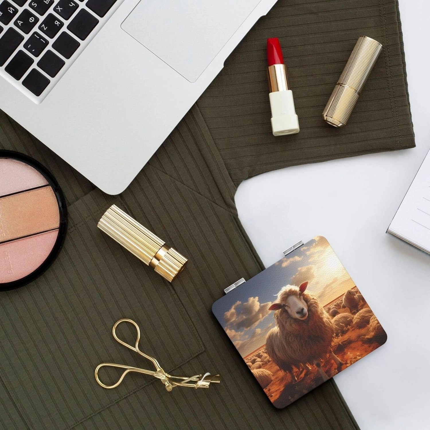 Portable Pocket Makeup Mirror Australian Sheep Travel Cosmetic Mirror Square Print Magnifying Compact Mirror for Eyelash