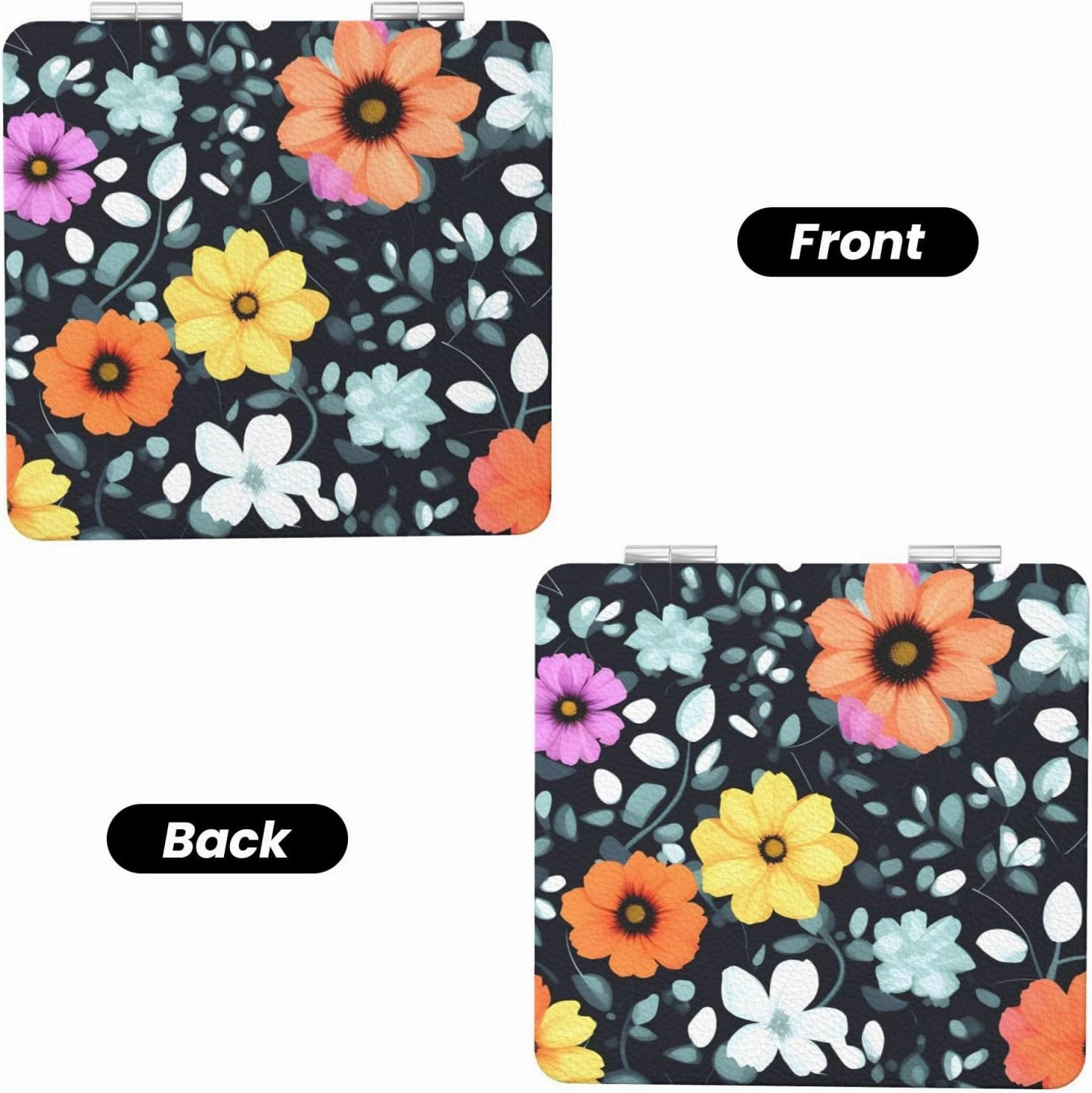 Portable Pocket Makeup Mirror Beautiful Colourful Flowers Travel Cosmetic Mirror Square Print Magnifying Compact Mirror for Eyelash
