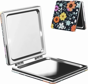 Portable Pocket Makeup Mirror Beautiful Colourful Flowers Travel Cosmetic Mirror Square Print Magnifying Compact Mirror for Eyelash
