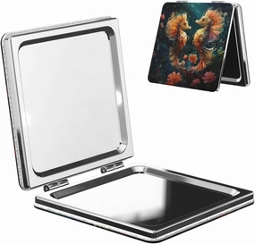 Portable Pocket Makeup Mirror Beautiful Seahorse Couple Travel Cosmetic Mirror Square Print Magnifying Compact Mirror for Eyelash