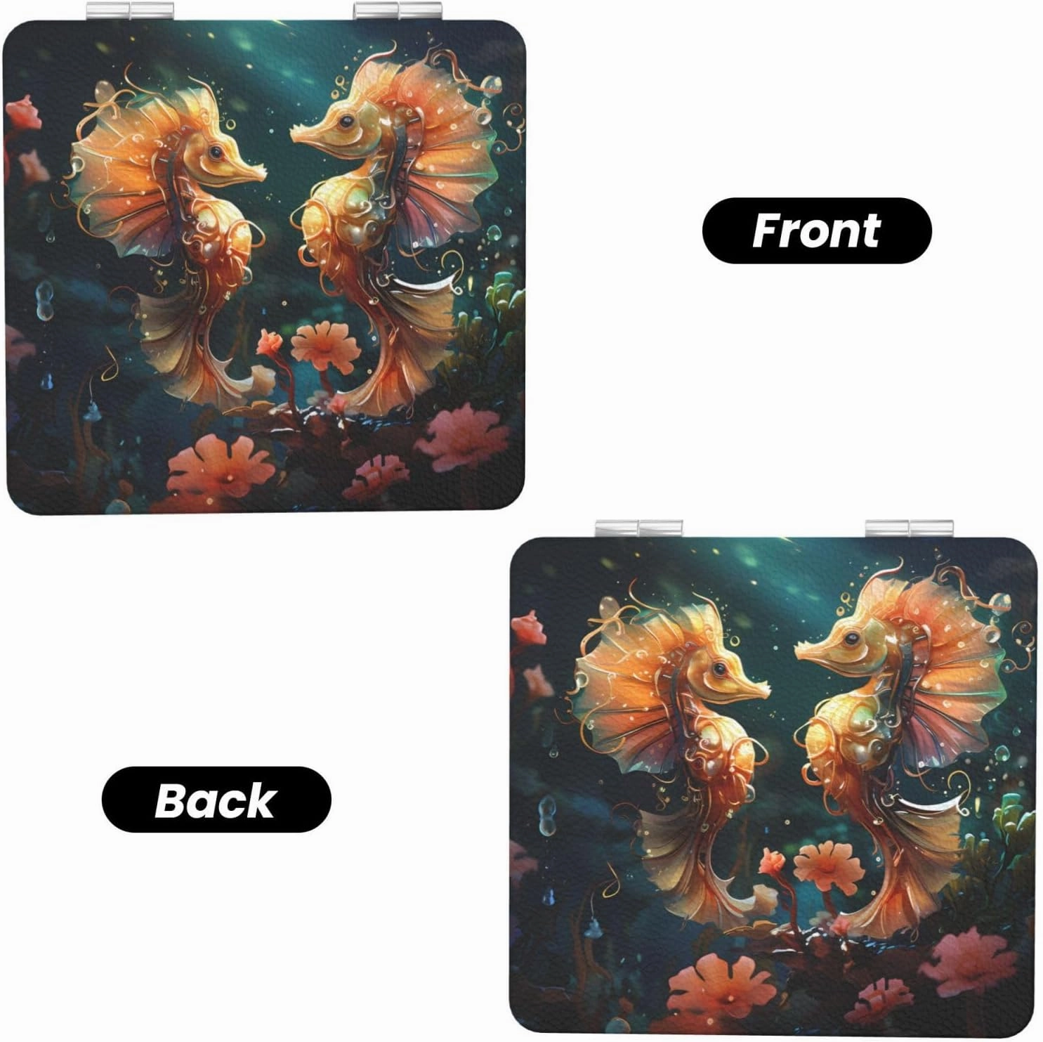 Portable Pocket Makeup Mirror Beautiful Seahorse Couple Travel Cosmetic Mirror Square Print Magnifying Compact Mirror for Eyelash