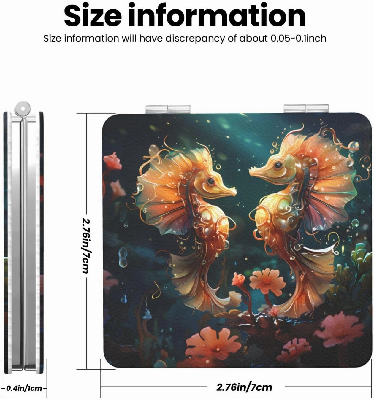 Portable Pocket Makeup Mirror Beautiful Seahorse Couple Travel Cosmetic Mirror Square Print Magnifying Compact Mirror for Eyelash