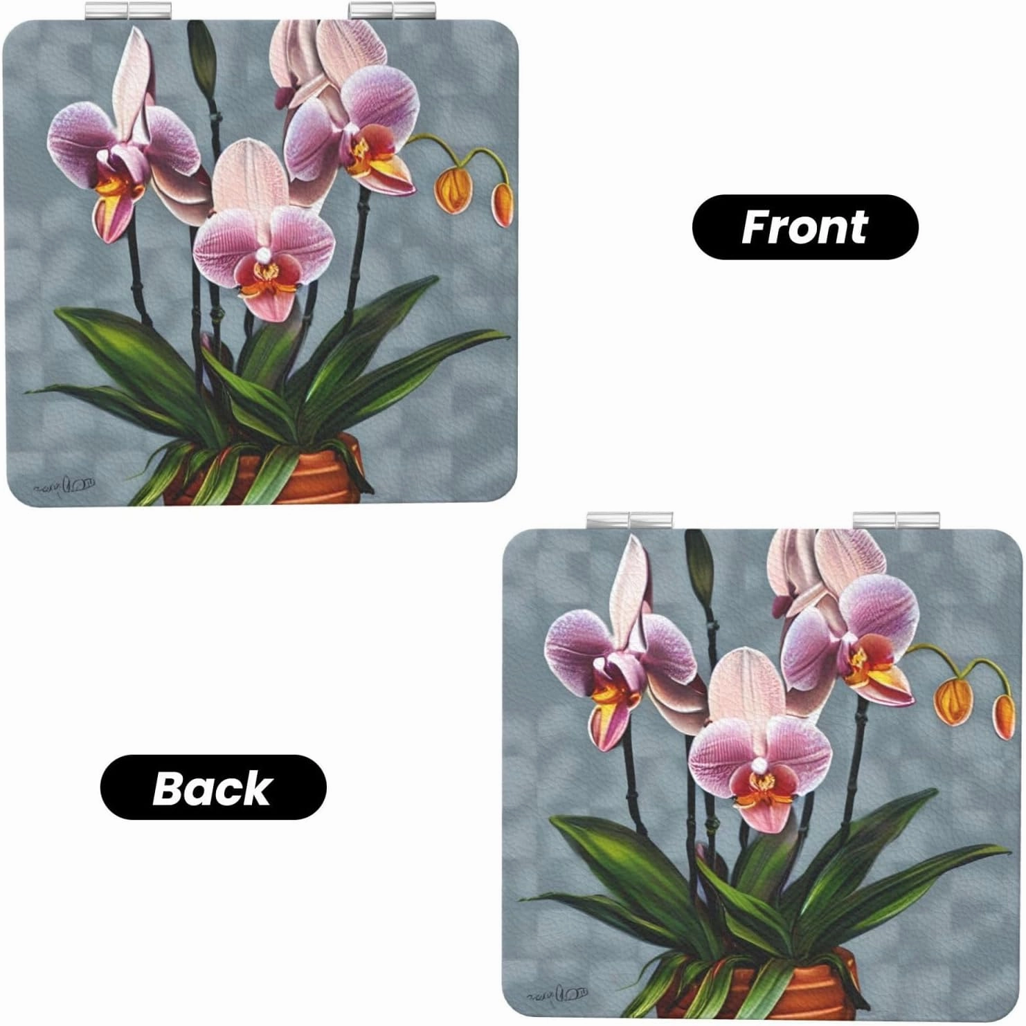 Portable Pocket Makeup Mirror Blooming Orchids Travel Cosmetic Mirror Square Print Magnifying Compact Mirror for Eyelash