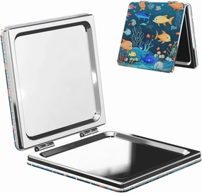 Portable Pocket Makeup Mirror Blue Underwater World of Fish Travel Cosmetic Mirror Square Print Magnifying Compact Mirror for Eyelash