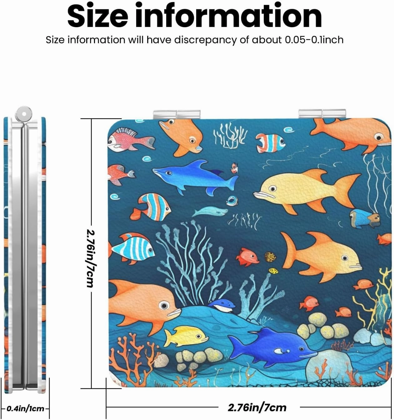Portable Pocket Makeup Mirror Blue Underwater World of Fish Travel Cosmetic Mirror Square Print Magnifying Compact Mirror for Eyelash