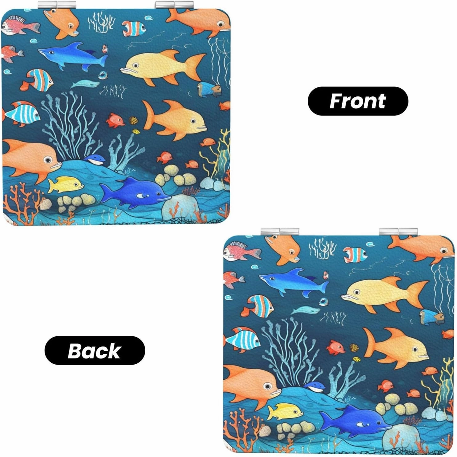 Portable Pocket Makeup Mirror Blue Underwater World of Fish Travel Cosmetic Mirror Square Print Magnifying Compact Mirror for Eyelash