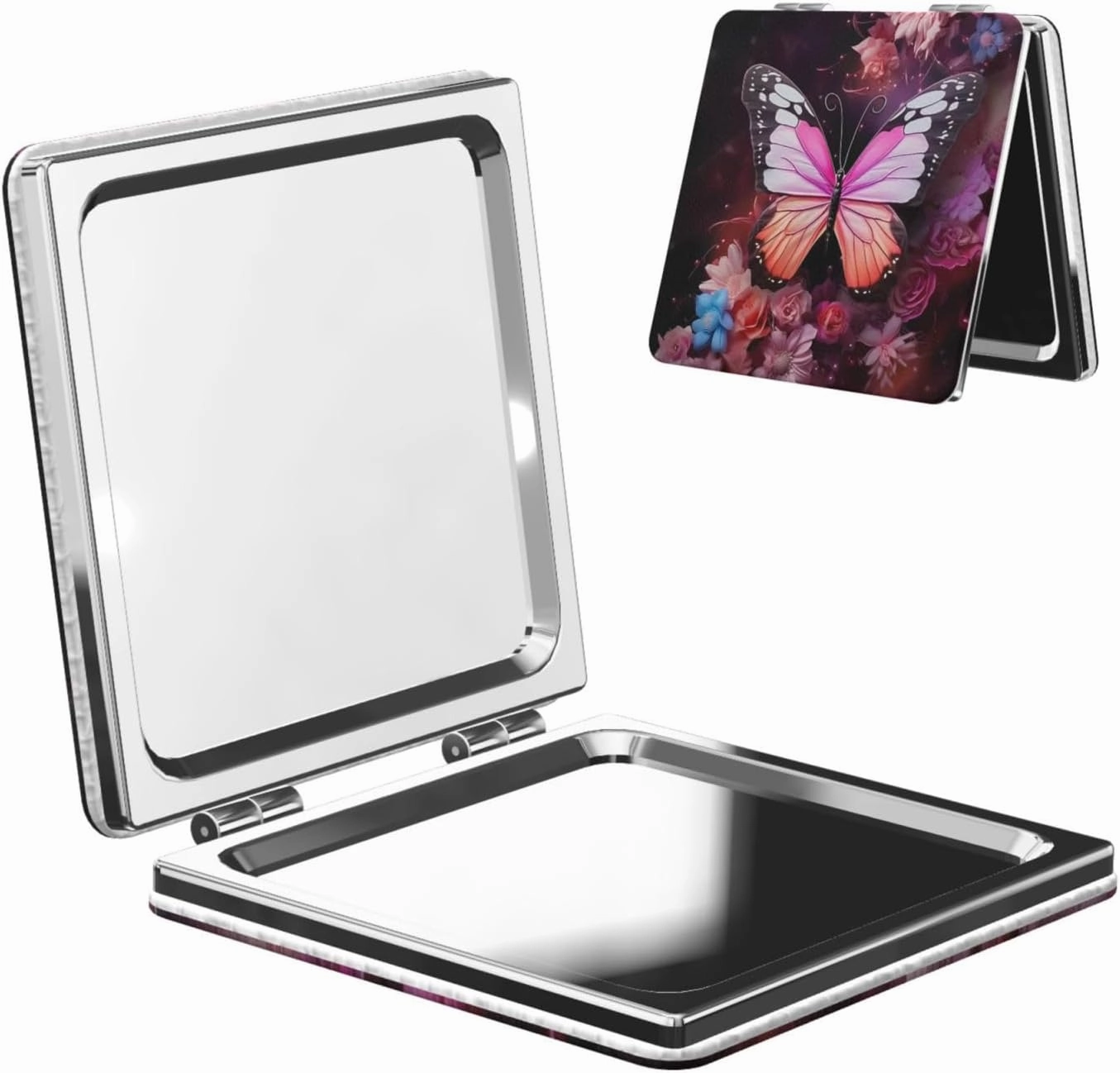 Portable Pocket Makeup Mirror Butterflies and Flowers Travel Cosmetic Mirror Square Print Magnifying Compact Mirror for Eyelash