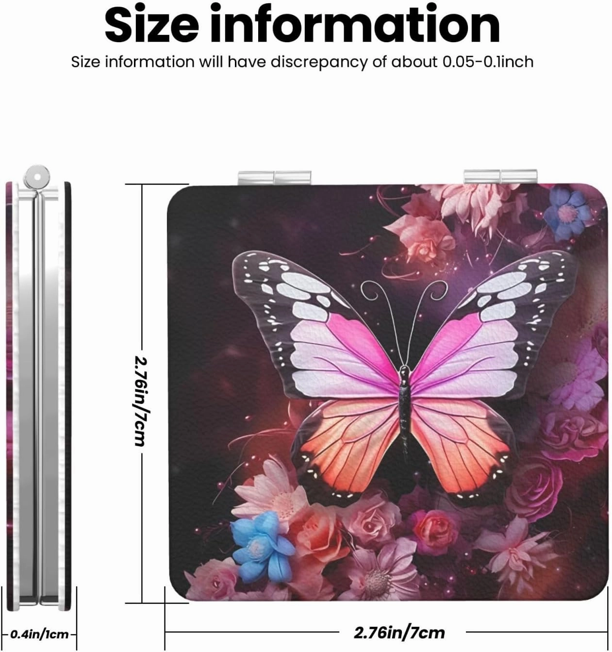 Portable Pocket Makeup Mirror Butterflies and Flowers Travel Cosmetic Mirror Square Print Magnifying Compact Mirror for Eyelash