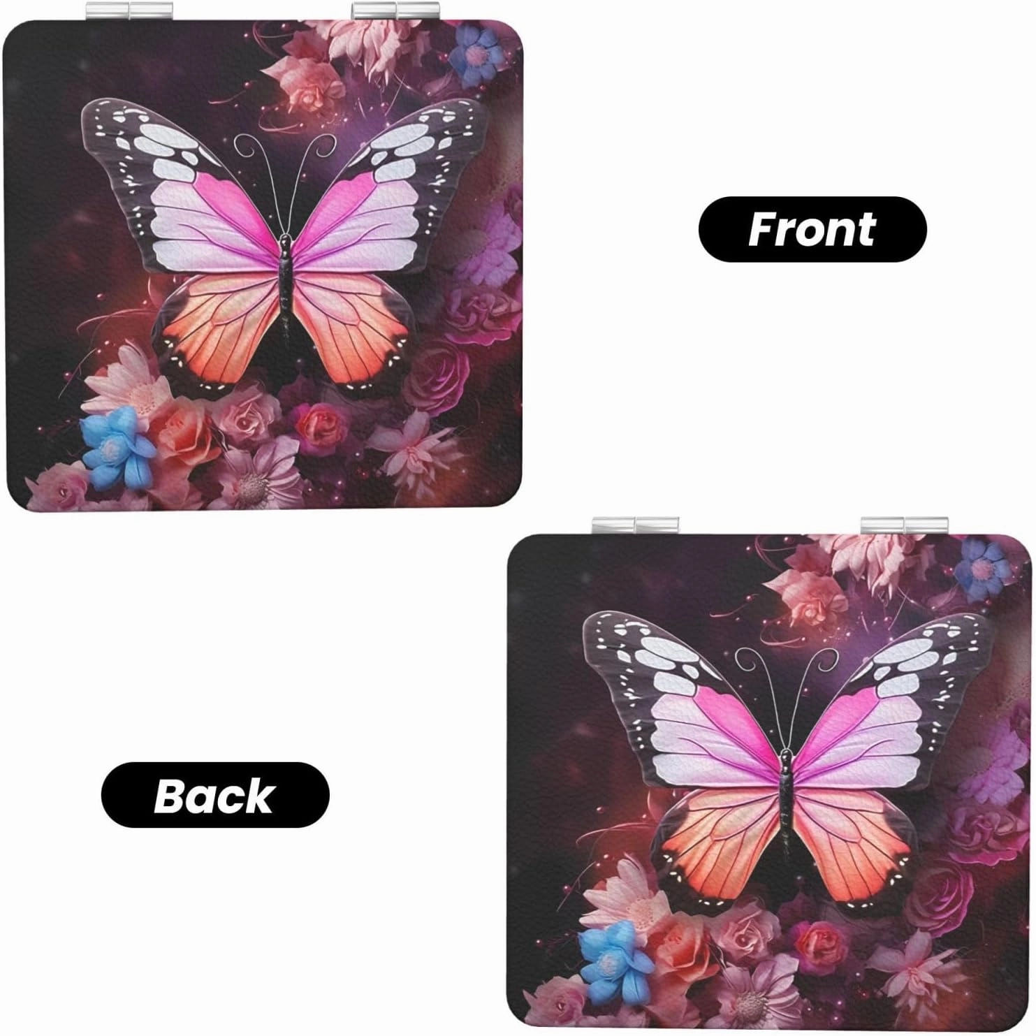 Portable Pocket Makeup Mirror Butterflies and Flowers Travel Cosmetic Mirror Square Print Magnifying Compact Mirror for Eyelash