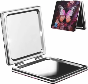 Portable Pocket Makeup Mirror Butterflies and Flowers Travel Cosmetic Mirror Square Print Magnifying Compact Mirror for Eyelash