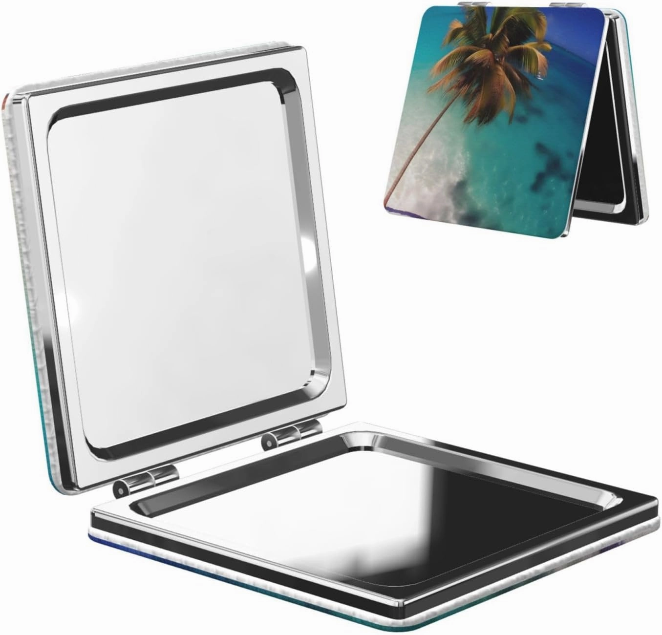 Portable Pocket Makeup Mirror Caribbean Islands Travel Cosmetic Mirror Square Print Magnifying Compact Mirror for Eyelash