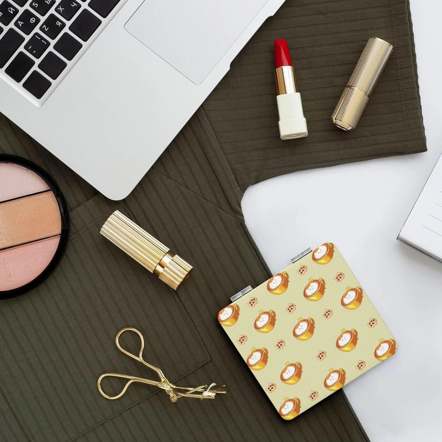 Portable Pocket Makeup Mirror Cartoon cat Coffee Travel Cosmetic Mirror Square Print Magnifying Compact Mirror for Eyelash