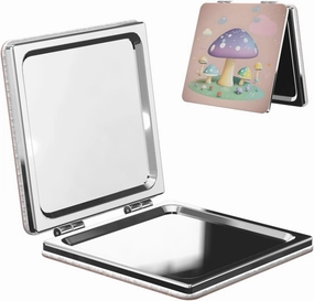 Portable Pocket Makeup Mirror Cartoon Mushroom Travel Cosmetic Mirror Square Print Magnifying Compact Mirror for Eyelash