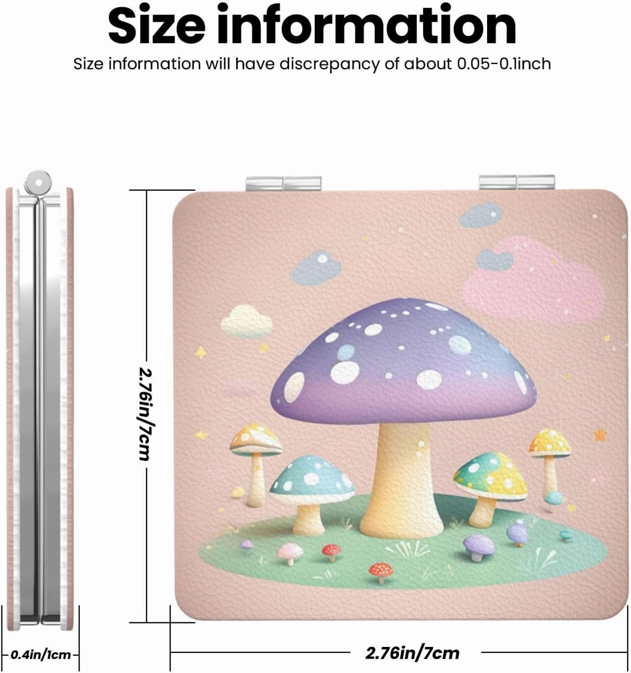Portable Pocket Makeup Mirror Cartoon Mushroom Travel Cosmetic Mirror Square Print Magnifying Compact Mirror for Eyelash
