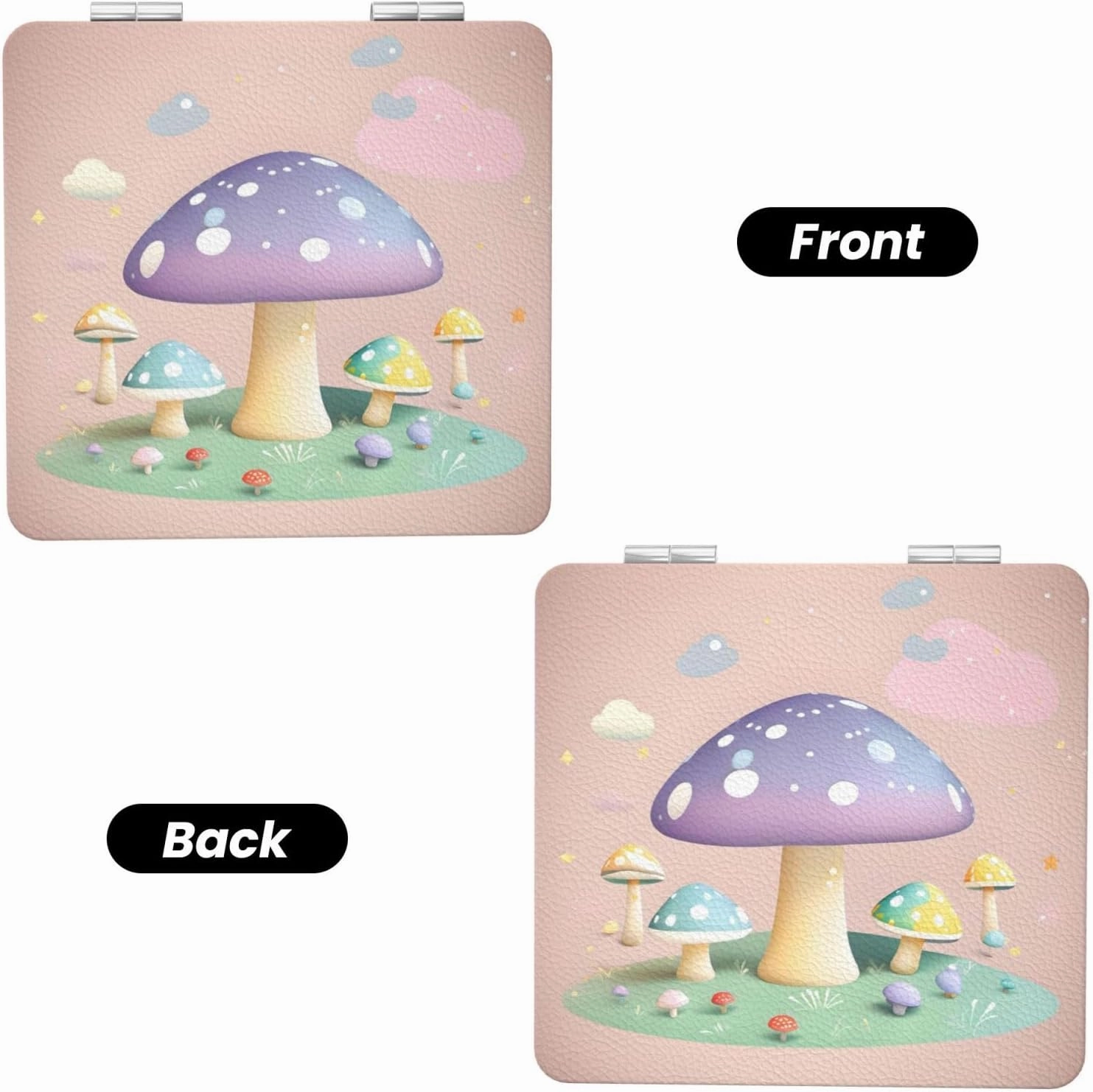 Portable Pocket Makeup Mirror Cartoon Mushroom Travel Cosmetic Mirror Square Print Magnifying Compact Mirror for Eyelash
