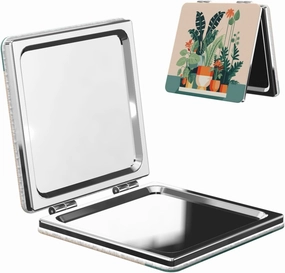 Portable Pocket Makeup Mirror Cartoon Small Green Plant Travel Cosmetic Mirror Square Print Magnifying Compact Mirror for Eyelash