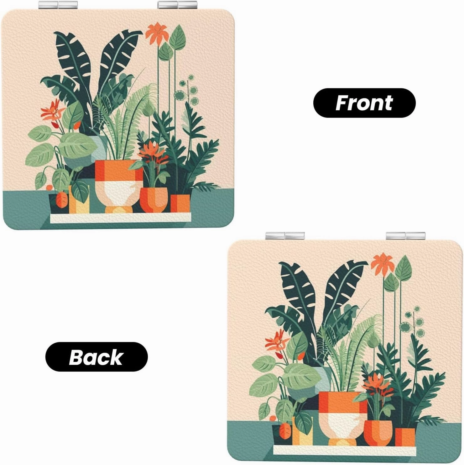 Portable Pocket Makeup Mirror Cartoon Small Green Plant Travel Cosmetic Mirror Square Print Magnifying Compact Mirror for Eyelash