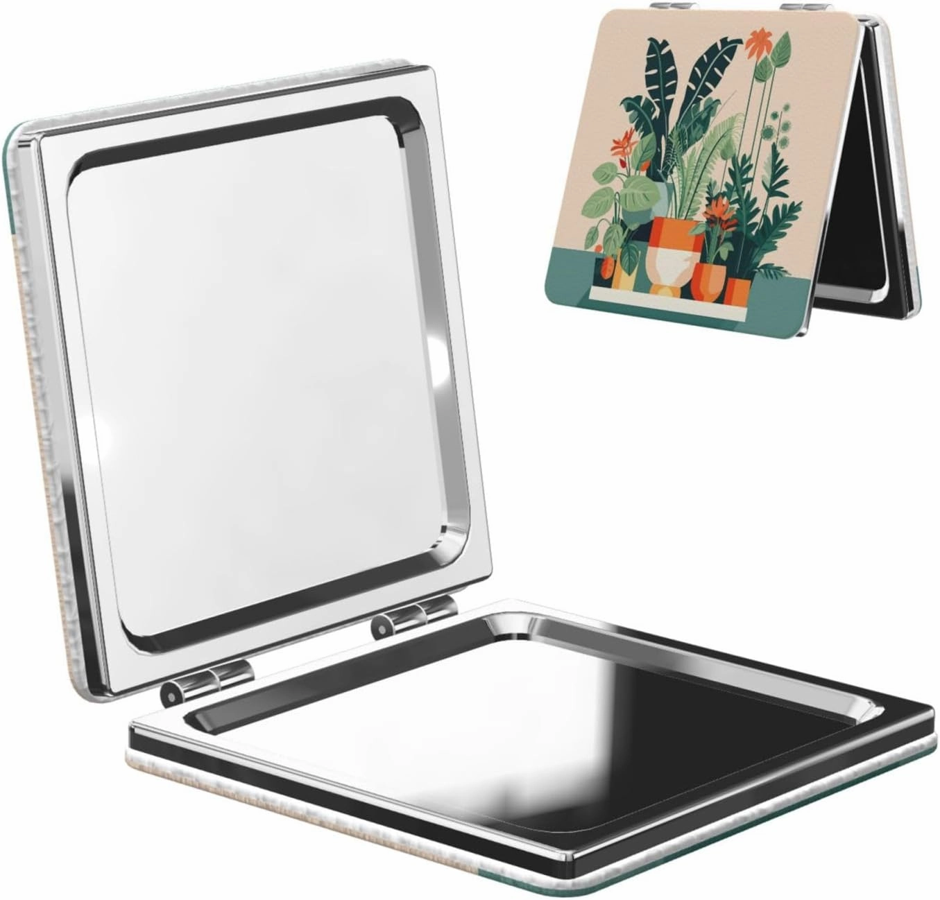 Portable Pocket Makeup Mirror Cartoon Small Green Plant Travel Cosmetic Mirror Square Print Magnifying Compact Mirror for Eyelash