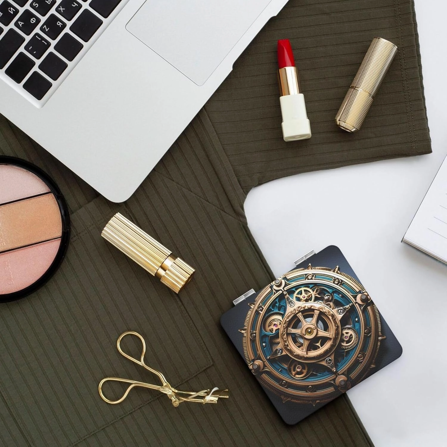 Portable Pocket Makeup Mirror Cool Steampunk Gears Travel Cosmetic Mirror Square Print Magnifying Compact Mirror for Eyelash