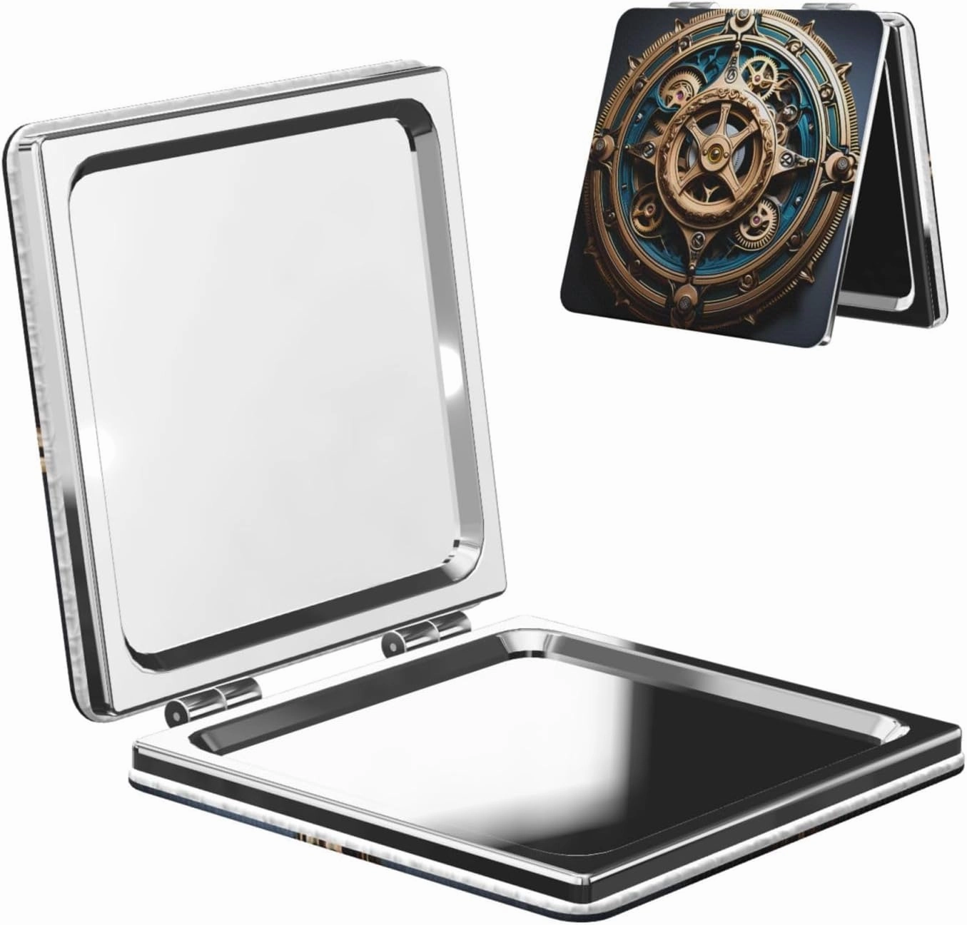 Portable Pocket Makeup Mirror Cool Steampunk Gears Travel Cosmetic Mirror Square Print Magnifying Compact Mirror for Eyelash