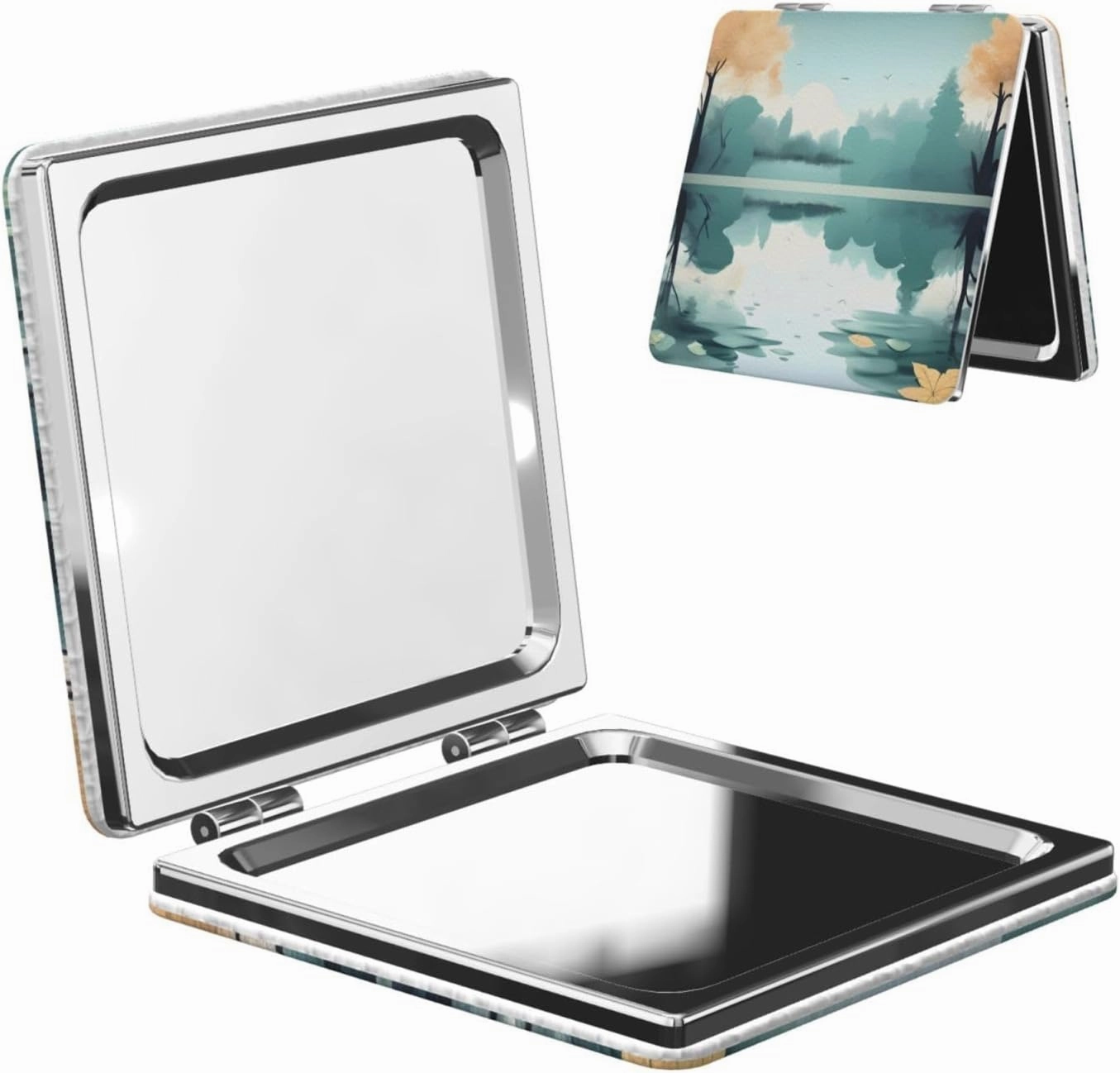 Portable Pocket Makeup Mirror Fallen Leaves on a Tranquil Lake Travel Cosmetic Mirror Square Print Magnifying Compact Mirror for Eyelash