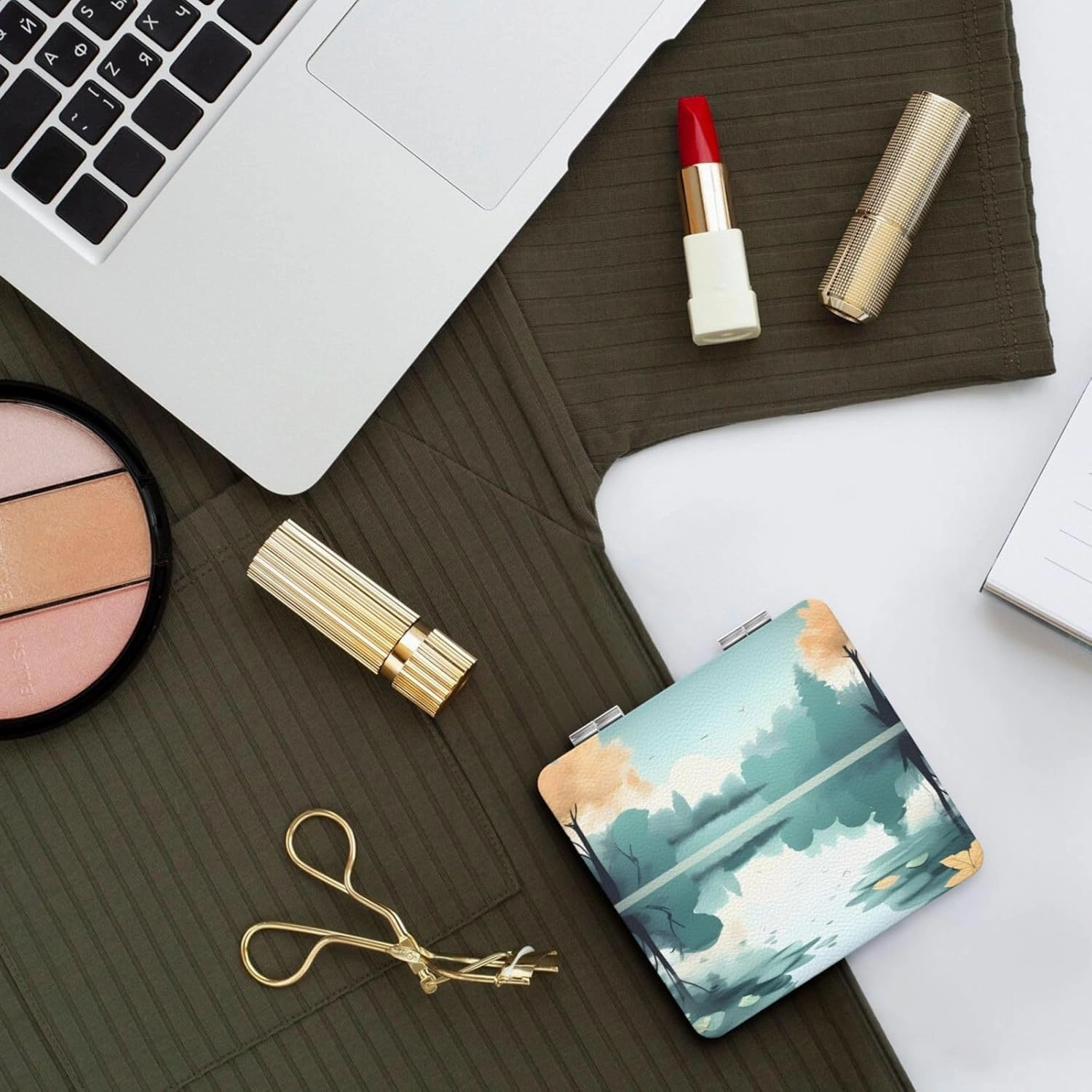 Portable Pocket Makeup Mirror Fallen Leaves on a Tranquil Lake Travel Cosmetic Mirror Square Print Magnifying Compact Mirror for Eyelash