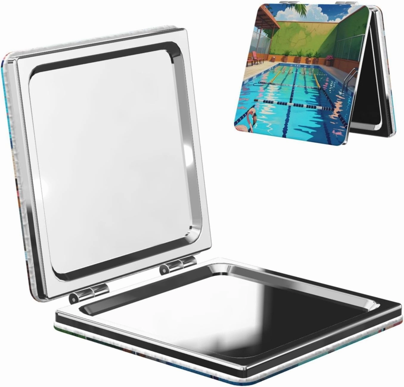 Portable Pocket Makeup Mirror Flamingo and Swimming Pool Travel Cosmetic Mirror Square Print Magnifying Compact Mirror for Eyelash