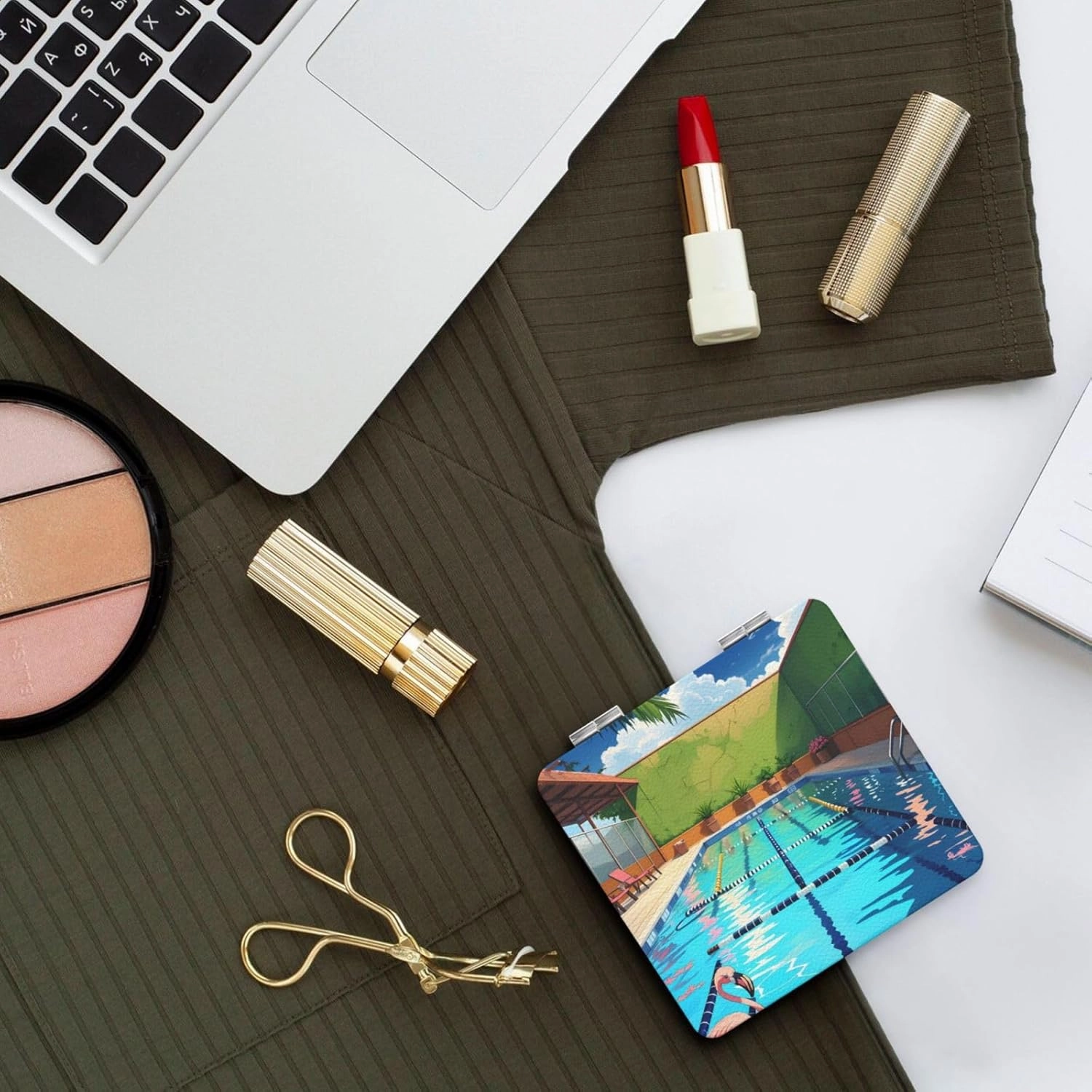 Portable Pocket Makeup Mirror Flamingo and Swimming Pool Travel Cosmetic Mirror Square Print Magnifying Compact Mirror for Eyelash