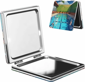 Portable Pocket Makeup Mirror Flamingo and Swimming Pool Travel Cosmetic Mirror Square Print Magnifying Compact Mirror for Eyelash