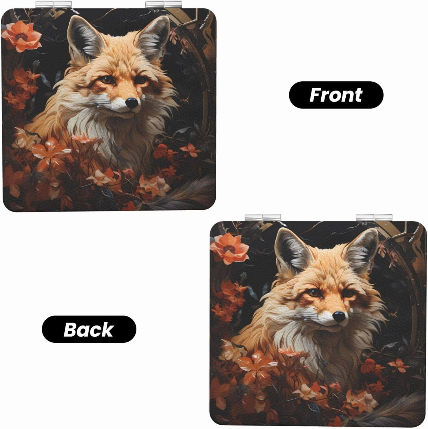 Portable Pocket Makeup Mirror Fox and Flowers Travel Cosmetic Mirror Square Print Magnifying Compact Mirror for Eyelash