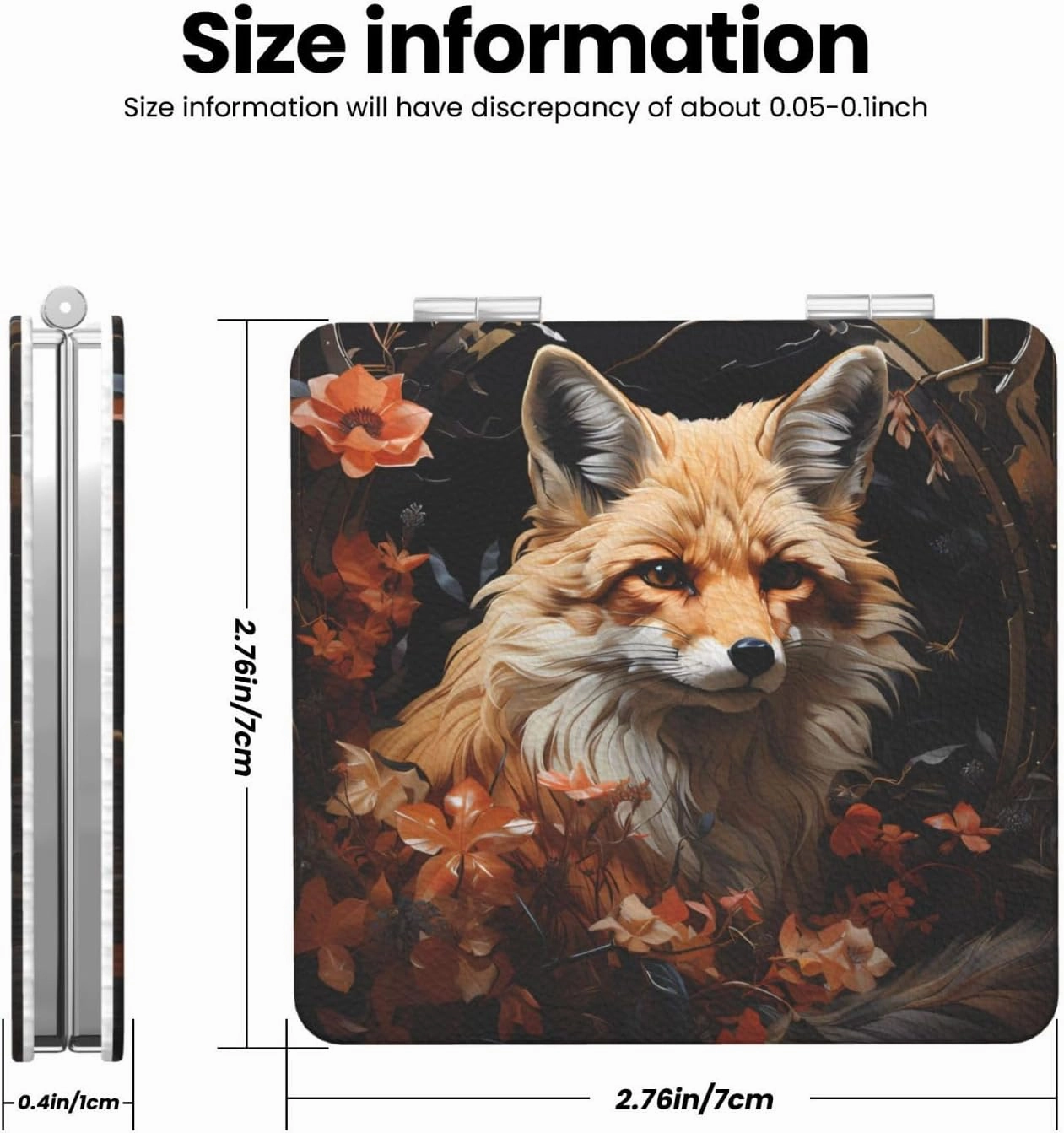Portable Pocket Makeup Mirror Fox and Flowers Travel Cosmetic Mirror Square Print Magnifying Compact Mirror for Eyelash