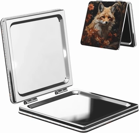 Portable Pocket Makeup Mirror Fox and Flowers Travel Cosmetic Mirror Square Print Magnifying Compact Mirror for Eyelash