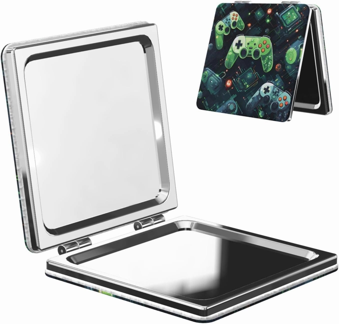 Portable Pocket Makeup Mirror Gamepad Circuit Version Travel Cosmetic Mirror Square Print Magnifying Compact Mirror for Eyelash