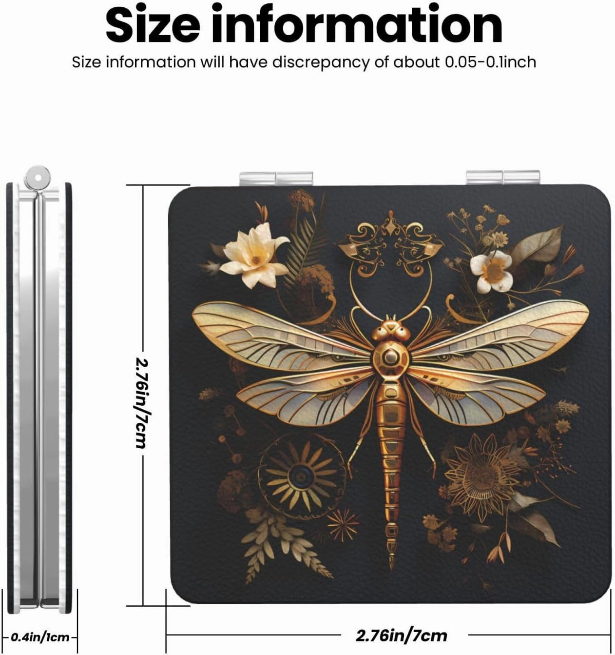 Portable Pocket Makeup Mirror Gold Exquisite Dragonfly Travel Cosmetic Mirror Square Print Magnifying Compact Mirror for Eyelash