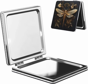Portable Pocket Makeup Mirror Gold Exquisite Dragonfly Travel Cosmetic Mirror Square Print Magnifying Compact Mirror for Eyelash