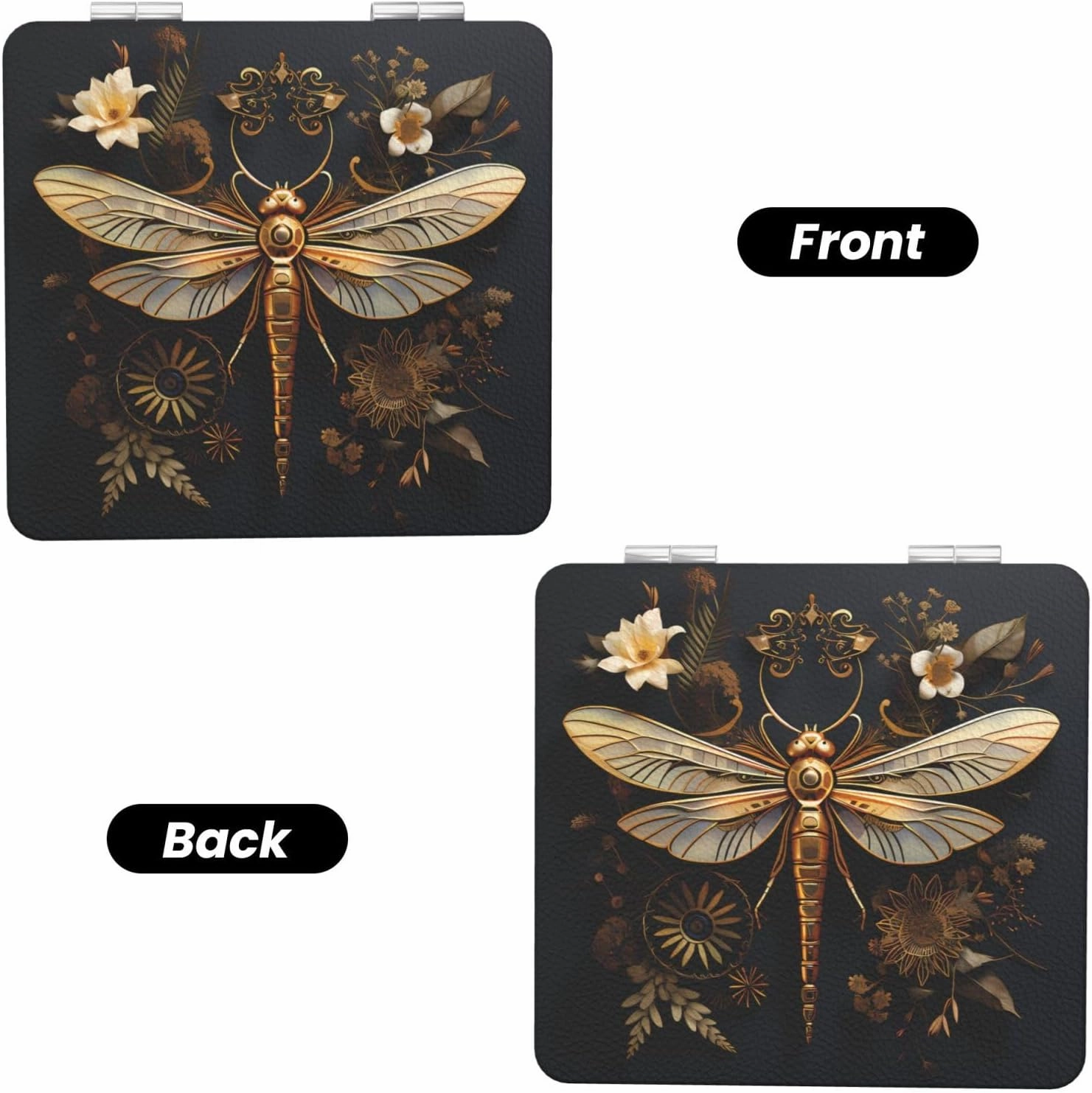 Portable Pocket Makeup Mirror Gold Exquisite Dragonfly Travel Cosmetic Mirror Square Print Magnifying Compact Mirror for Eyelash