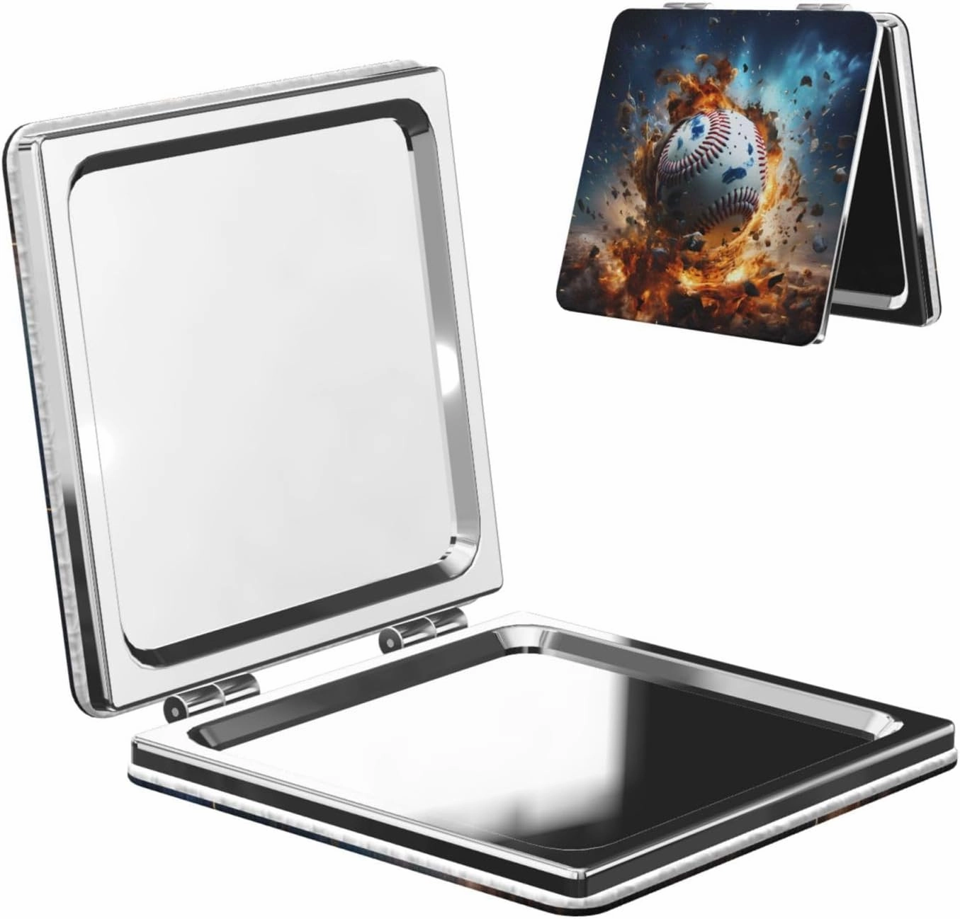 Portable Pocket Makeup Mirror Hot Baseball Travel Cosmetic Mirror Square Print Magnifying Compact Mirror for Eyelash