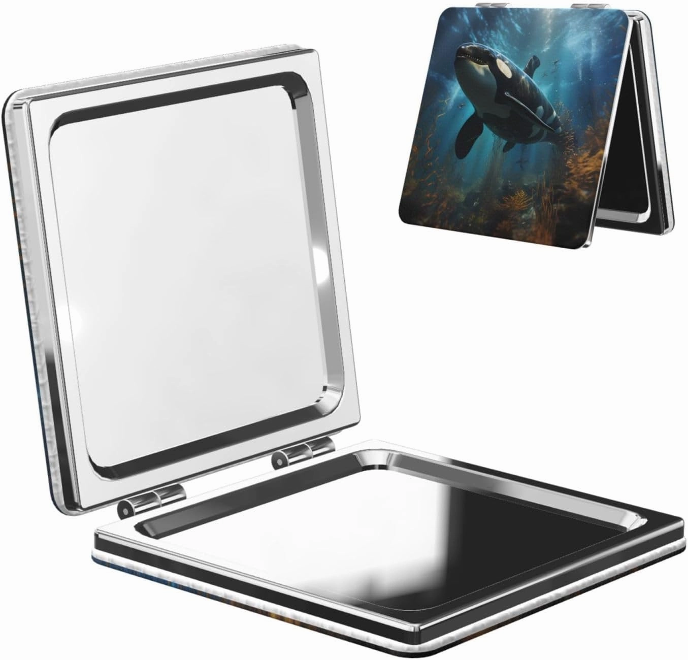 Portable Pocket Makeup Mirror Huge Killer Whales Travel Cosmetic Mirror Square Print Magnifying Compact Mirror for Eyelash