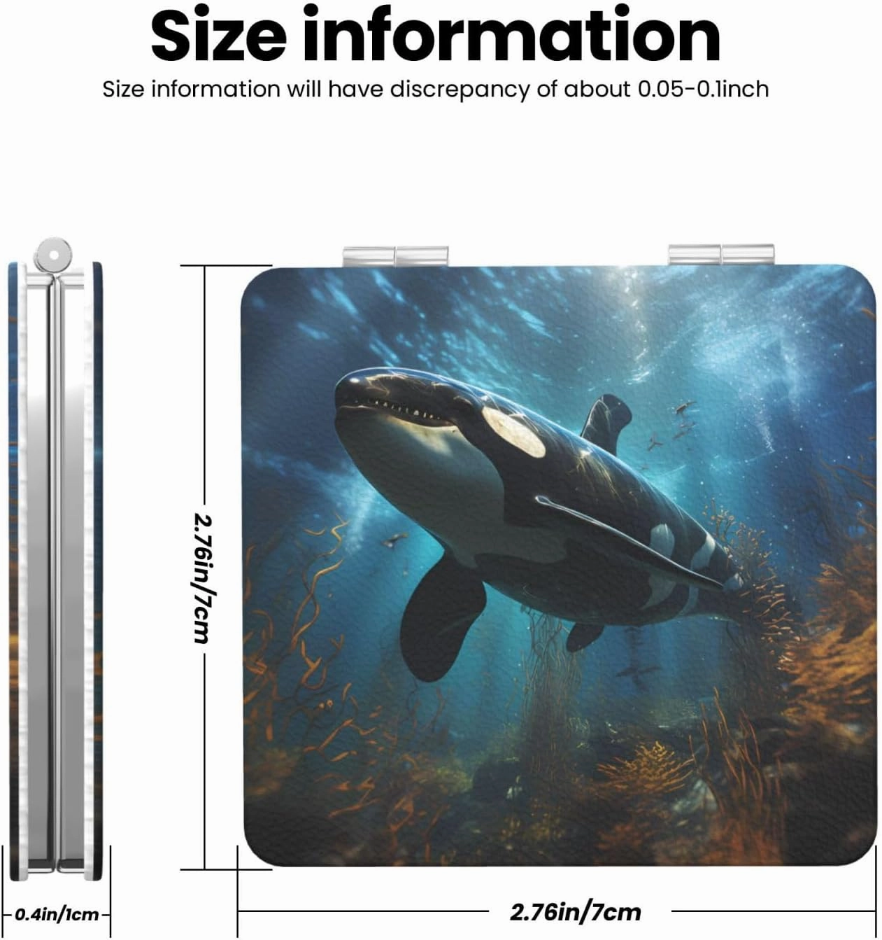 Portable Pocket Makeup Mirror Huge Killer Whales Travel Cosmetic Mirror Square Print Magnifying Compact Mirror for Eyelash