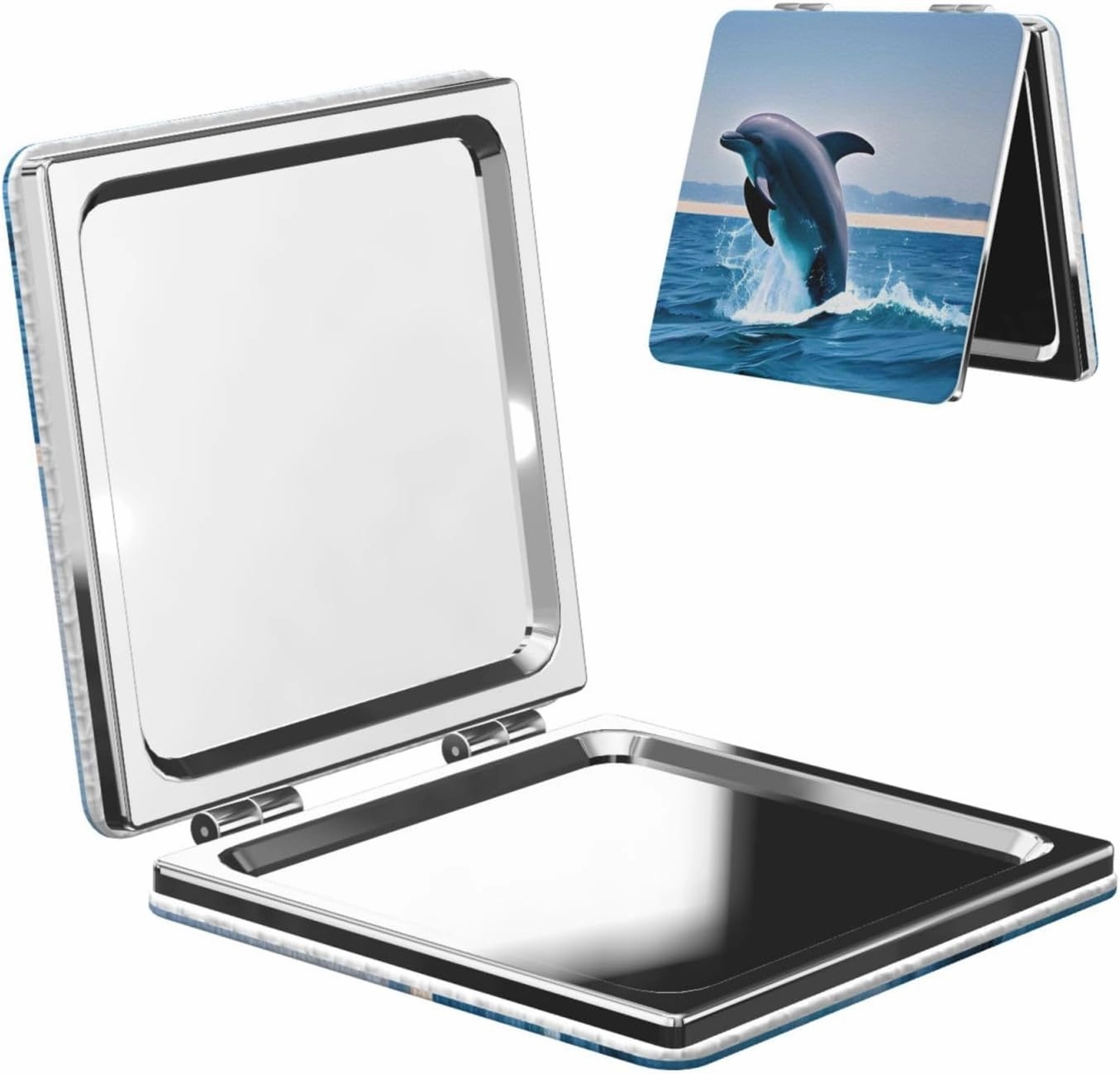 Portable Pocket Makeup Mirror Jumping up Dolphins Travel Cosmetic Mirror Square Print Magnifying Compact Mirror for Eyelash