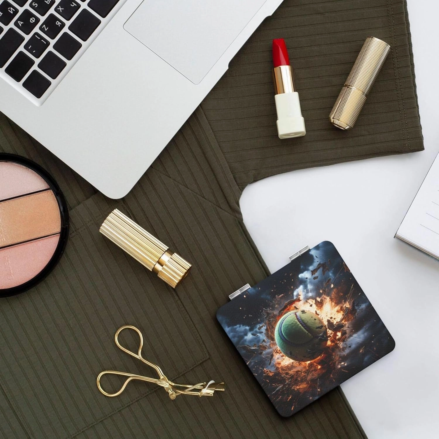 Portable Pocket Makeup Mirror Lightning Fever Tennis Travel Cosmetic Mirror Square Print Magnifying Compact Mirror for Eyelash