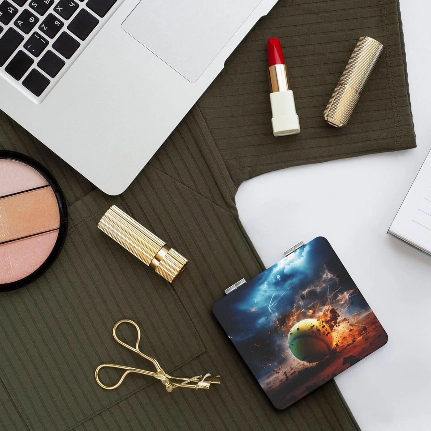 Portable Pocket Makeup Mirror Lightning Tennis Travel Cosmetic Mirror Square Print Magnifying Compact Mirror for Eyelash