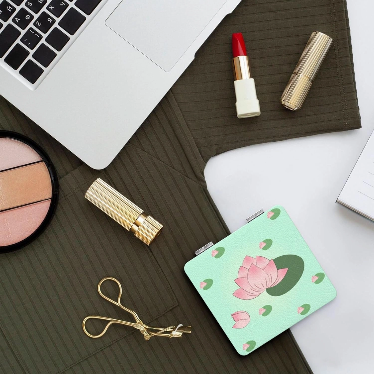 Portable Pocket Makeup Mirror Lotus Flowers Waiting to Bloom Travel Cosmetic Mirror Square Print Magnifying Compact Mirror for Eyelash