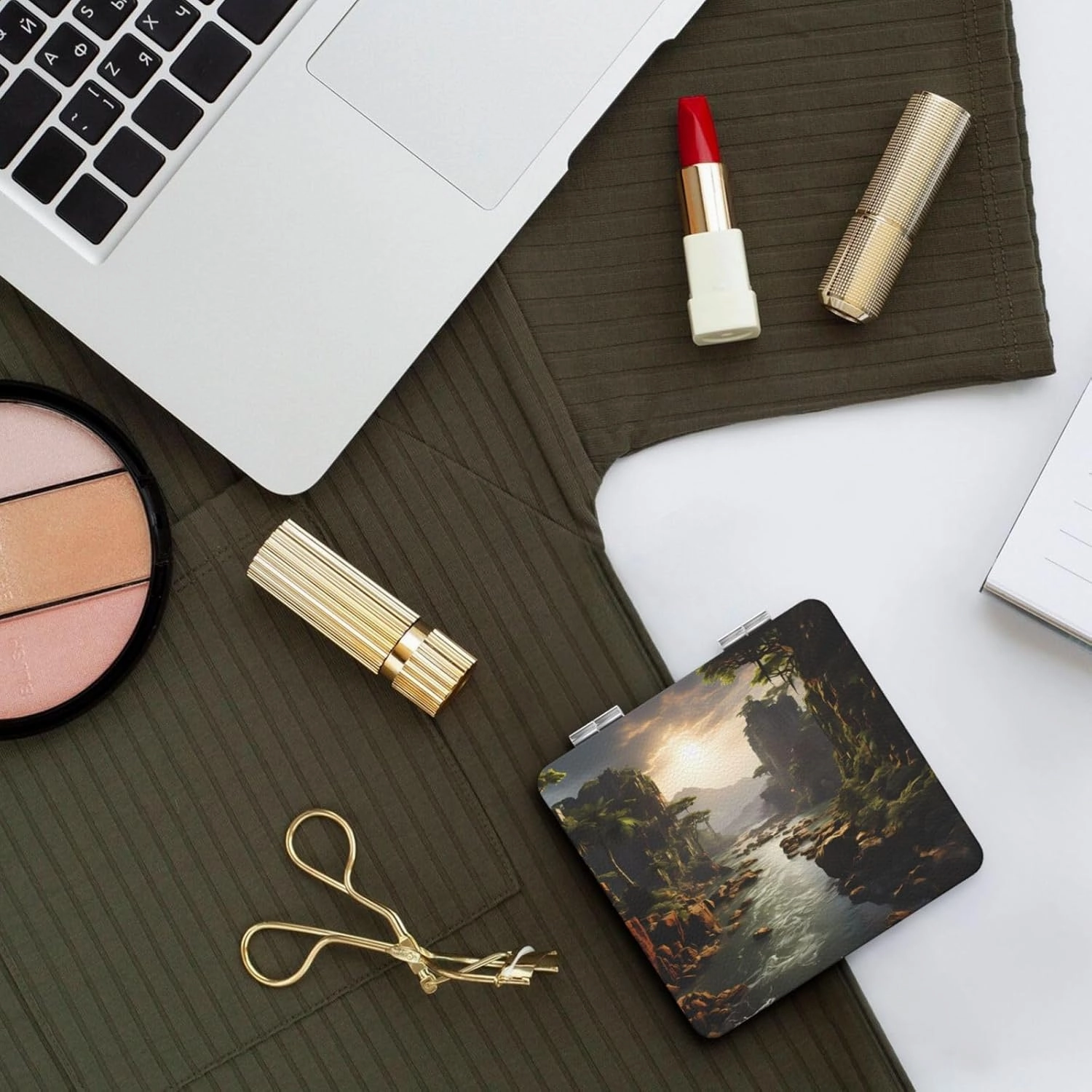 Portable Pocket Makeup Mirror Mountains and Rivers Travel Cosmetic Mirror Square Print Magnifying Compact Mirror for Eyelash