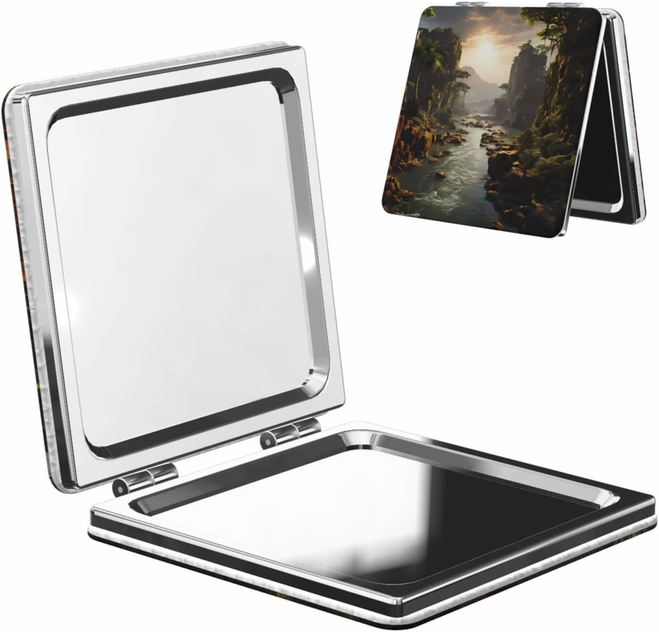 Portable Pocket Makeup Mirror Mountains and Rivers Travel Cosmetic Mirror Square Print Magnifying Compact Mirror for Eyelash