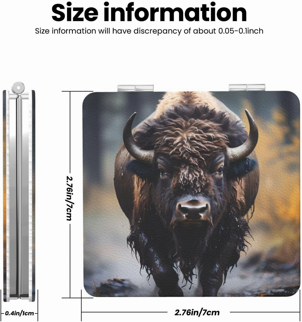Portable Pocket Makeup Mirror North American Bison Travel Cosmetic Mirror Square Print Magnifying Compact Mirror for Eyelash