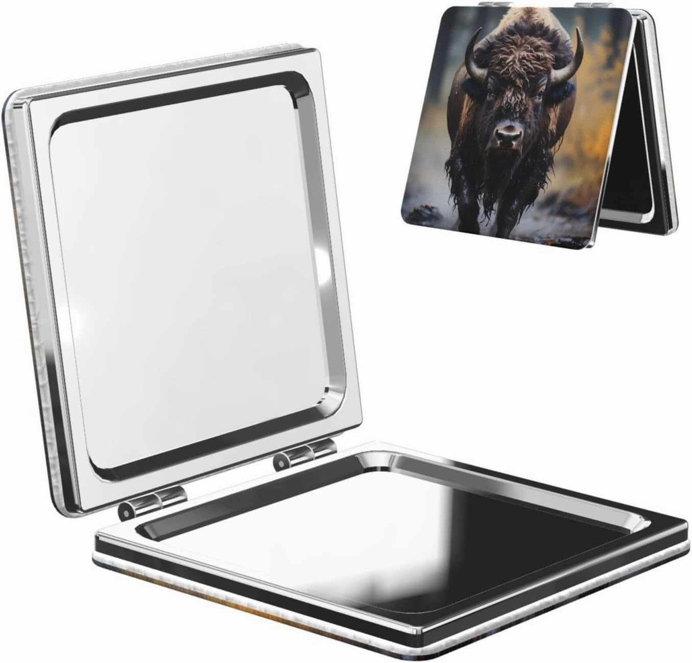 Portable Pocket Makeup Mirror North American Bison Travel Cosmetic Mirror Square Print Magnifying Compact Mirror for Eyelash