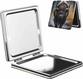 Portable Pocket Makeup Mirror North American Bison Travel Cosmetic Mirror Square Print Magnifying Compact Mirror for Eyelash